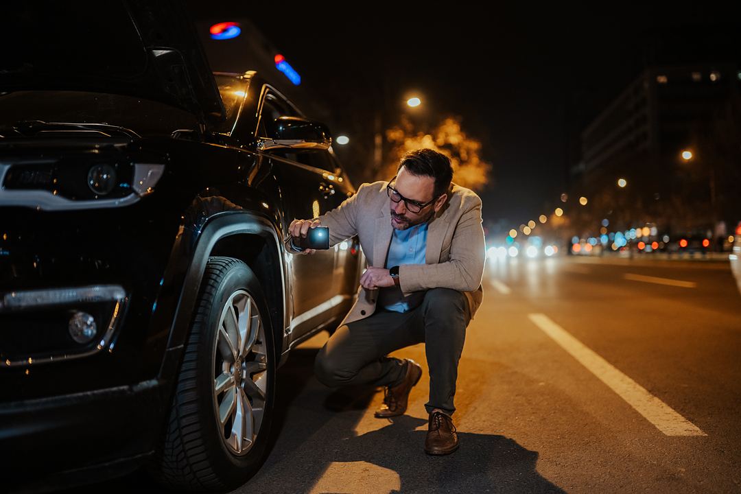 Ein Sachverständiger prüft nachts mit einer Taschenlampe ein Auto am Straßenrand